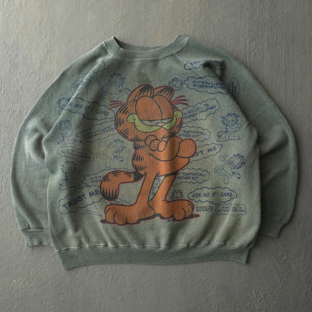 Vintage 1980s Freeze Garfield Green Sweatshirt XL Hand Dyed Raglan Graphic